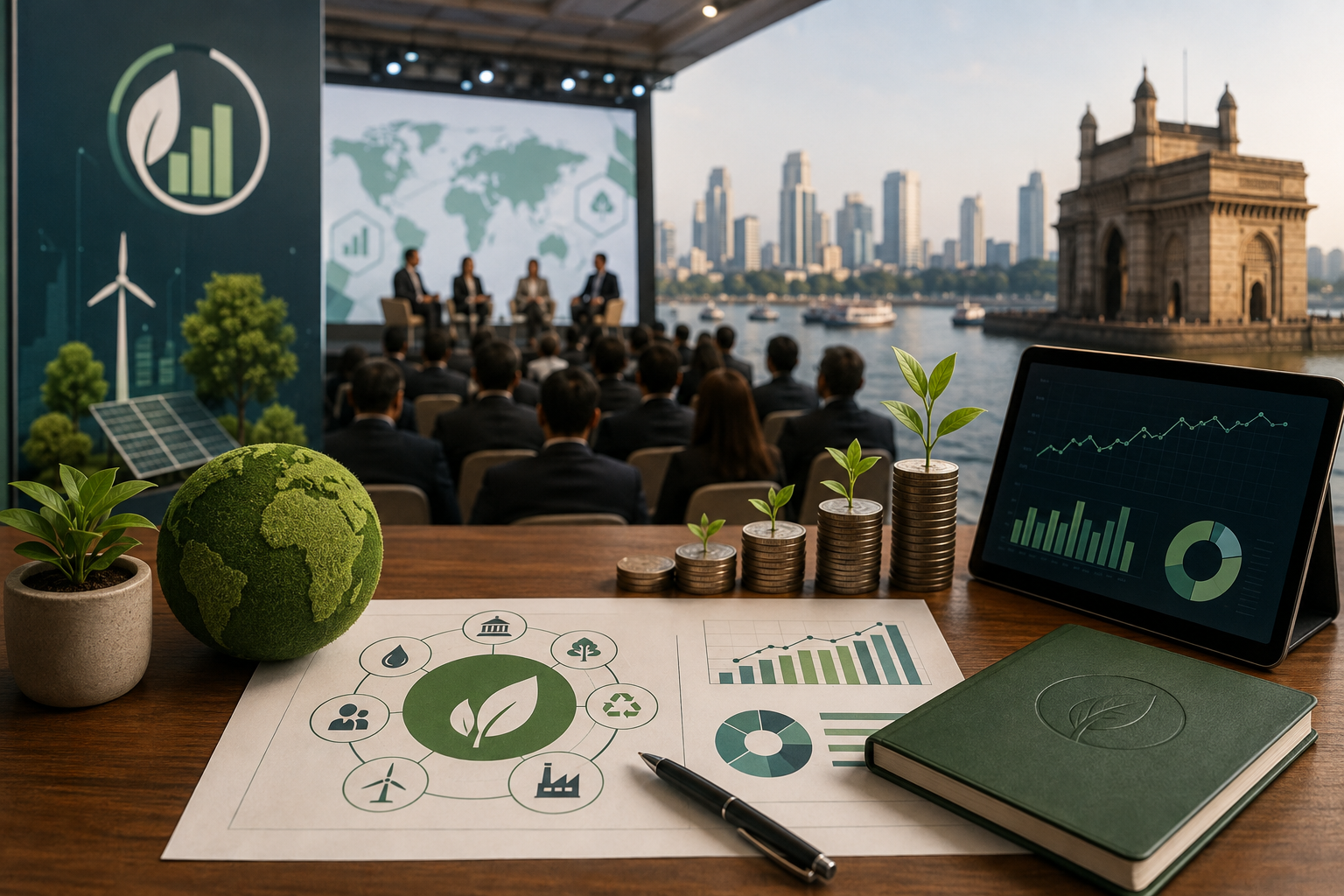 Business leaders at an ESG summit overlooking Mumbai's skyline, with sustainability dashboards, green finance charts, a moss globe, and growing plants symbolizing BRSR Core reporting, Scope 3 emissions, and sustainable finance in India.